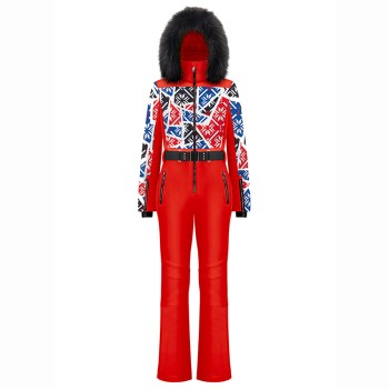 Womens overall print scarlet red with fake fur