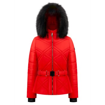 Womens ski jacket scarlet red with fake fur