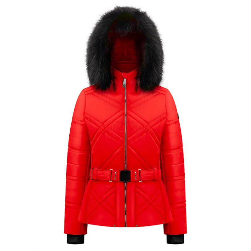 Womens ski jacket scarlet red with fake fur