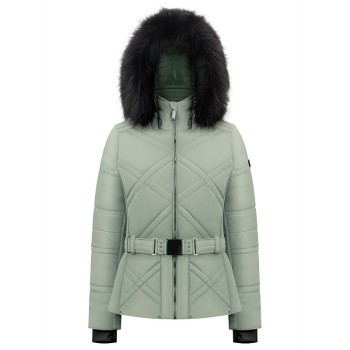 Womens ski jacket lichen green with fake fur