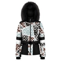 Womens ski jacket print black with fake fur