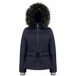 Womens ski jacket quilted gothic blue with fake fur