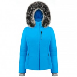 Womens stretch ski jacket diva blue with fake fur