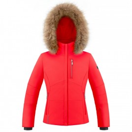 Girls stretch ski jacket scarlet red with fake fur