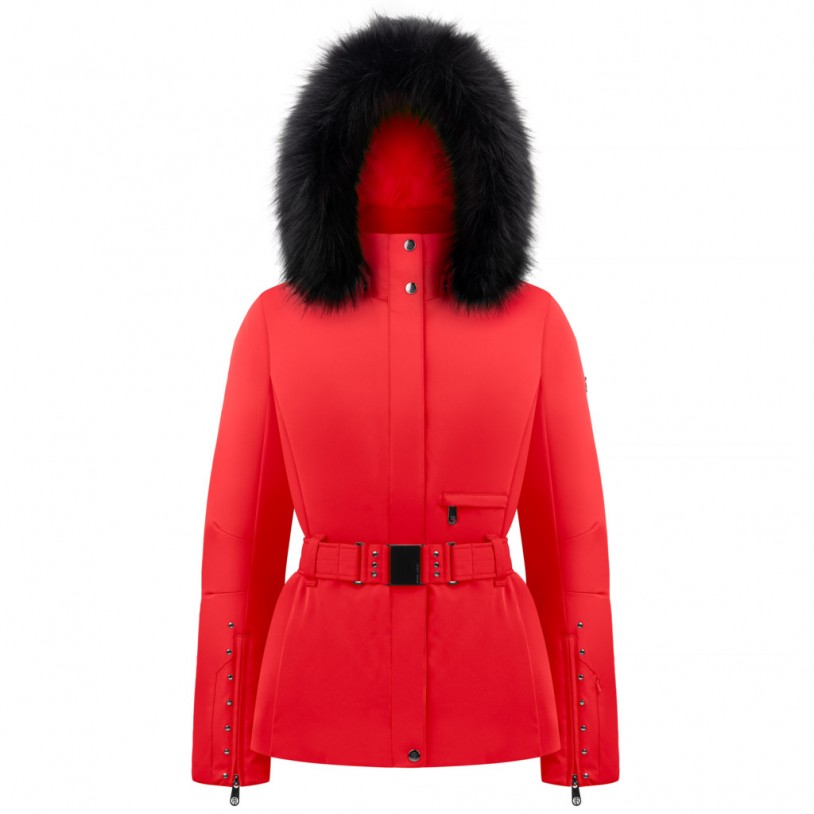 Womens stretch ski jacket scarlet red with fake fur