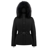 Womens stretch ski jacket black with fake fur