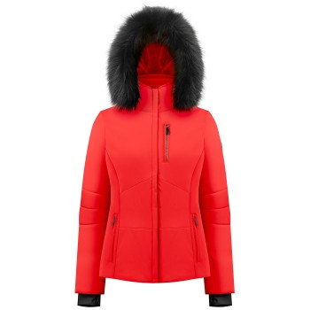 Womens stretch ski jacket scarlet red with fake fur