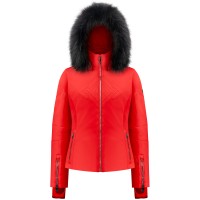 Womens stretch ski jacket scarlet red with fake fur