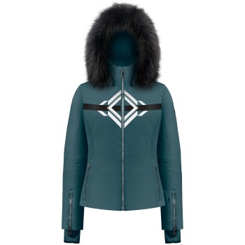 Womens stretch ski jacket print ever green with fake fur