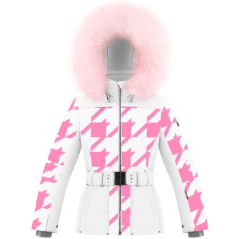 Girls ski jacket check lolly pink with fake fur